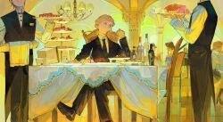 Rule 34 | 2girls, 5boys, alcohol, black bow, black bowtie, black footwear, black jacket, black necktie, black pants, black vest, blonde hair, blue eyes, bottle, bow, bowtie, bread, brown hair, butler, cake, ceiling, chair, chandelier, collared shirt, crossed legs, cup, drinking glass, eating, food, fork, head out of frame, highres, holding, holding fork, holding tray, indoors, jacket, knife, long sleeves, meat, multiple boys, multiple girls, napkin, necktie, original, out of frame, pants, plate, restaurant, sandwich, shirt, shoe soles, shoes, short hair, sitting, solo focus, standing, table, tablecloth, tiered tray, tile floor, tiles, tray, vest, waiter, walking, white shirt, wine, wine bottle, wine glass, yellow theme, youliyouliv