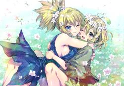 Rule 34 | 2girls, absurdres, ass, bare shoulders, blonde hair, blue dress, blue eyes, blush, breasts, brown eyes, carnelian, closed mouth, day, dr. stone, dress, fingernails, flower, hair flower, hair ornament, highres, hug, kohaku (dr. stone), large breasts, long hair, multiple girls, open mouth, outdoors, ponytail, scan, short dress, short hair, sideboob, simple background, sleeveless, smile, spoilers, suika (dr. stone), teeth, thighs, upper teeth only