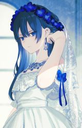Rule 34 | 1girl, achiki, adjusting hair, black hair, blue eyes, bow, breasts, bridal veil, cleavage, closed mouth, collarbone, commentary, dress, dress bow, earrings, flower, frown, gradient hair, hair flower, hair ornament, hand in own hair, indoors, jewelry, multicolored hair, necklace, off-shoulder dress, off shoulder, original, shaded face, small breasts, solo, veil, wedding dress, window