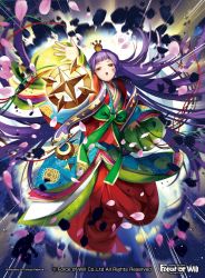 Rule 34 | 1girl, artist name, copyright name, force of will, fukuzou, hair ornament, japanese clothes, kaguya (force of will), kimono, long hair, official art, open mouth, orange eyes, petals, purple hair, solo, teeth