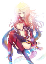 Rule 34 | 1girl, akai katana, ayase nazuna (akai katana), blonde hair, breasts, center opening, cleavage, convenient leg, cross-laced clothes, detached sleeves, female focus, garter straps, houkiri nemu, knees up, large breasts, long hair, navel, red thighhighs, simple background, sitting, solo, thighhighs, white background, yellow eyes