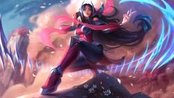 Rule 34 | 1girl, armor, artist request, black hair, blue eyes, breasts, cliff, floating, floating object, floating sword, floating weapon, flower, from below, full body, glowing, headgear, highres, irelia, kneeling, league of legends, long hair, medium breasts, official art, outdoors, parted bangs, pauldrons, shoulder armor, skin tight, solo, sword, tagme, thick eyebrows, very long hair, weapon
