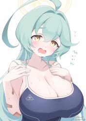 Rule 34 | 1girl, abydos high school swimsuit, ahoge, bandaid, bare arms, bare shoulders, black one-piece swimsuit, blue archive, blush, breasts, cleavage, flying sweatdrops, green hair, hair between eyes, halo, huge ahoge, huge breasts, long hair, looking at viewer, nanopai kakumeikokonoyu, one-piece swimsuit, open mouth, school swimsuit, signature, simple background, solo, swimsuit, tears, twitter username, upper body, white background, yellow eyes, yellow halo, yume (blue archive)