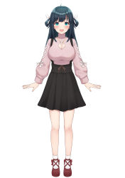 Rule 34 | 1girl, :d, absurdres, amano nene (vtuber), black hair, black skirt, blue eyes, blush, breasts, cleavage, cleavage cutout, clothing cutout, commentary request, eyebrows hidden by hair, full body, hair rings, heart cutout, highres, large breasts, long hair, long sleeves, looking at viewer, open mouth, pink shirt, production kawaii, puffy long sleeves, puffy sleeves, red footwear, shirt, shoes, simple background, skirt, smile, socks, solo, standing, suspender skirt, suspenders, turtleneck, virtual youtuber, white background, white socks, yukiunag1