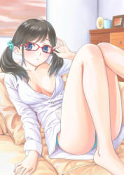 Rule 34 | adjusting eyewear, ass, barefoot, bedroom, black hair, blue eyes, blue panties, breasts, breasts apart, buttons, chest of drawers, dktaka, dress shirt, glasses, hair ornament, hair scrunchie, indoors, long sleeves, looking at viewer, lying, medium breasts, on back, on bed, original, panties, pantyshot, partially unbuttoned, pillow, red-framed eyewear, scrunchie, shirt, sleeves rolled up, solo, twintails, unbuttoned, underwear, us, white shirt
