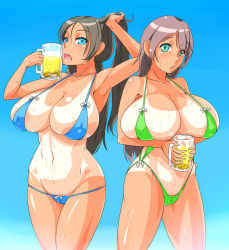 Rule 34 | 2girls, adjusting hair, alcohol, aqua eyes, arm up, armpits, beer, bikini, blue background, blue eyes, breast hold, breasts, brown hair, cameltoe, chestnut mouth, cleavage, cup, curvy, groin, hot, huge breasts, jt dong-agyoku, long hair, looking at viewer, lowleg, lowleg bikini, micro bikini, mug, multiple girls, navel, one-piece tan, original, simple background, skindentation, sweat, swimsuit, tan, tanline