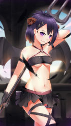 Rule 34 | 10s, 1girl, absurdres, bandeau, belly, black gloves, black skirt, breasts, commentary request, covered erect nipples, demon girl, demon horns, demon wings, feathers, gabriel dropout, gloves, hair ornament, highres, holding, holding weapon, horns, ilham, looking at viewer, medium breasts, midriff, miniskirt, navel, nipples, pleated skirt, polearm, purple eyes, purple hair, shiny skin, short hair, skirt, smile, solo, standing, strapless, trident, tube top, underboob, vignette tsukinose april, weapon, wings, x hair ornament