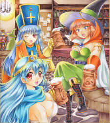 Rule 34 | 2boys, 3girls, alcohol, bad id, bad pixiv id, bar (place), beer, billboard, blue hair, bodysuit, boots, breasts, cape, chunsoft, circlet, cleavage, cup, dragon quest, dragon quest iii, enix, gloves, hat, jewelry, large breasts, long hair, mage (dq3), mitre, mug, multiple boys, multiple girls, necklace, one eye closed, open mouth, pemoko, pink hair, priest (dq3), purple eyes, red eyes, sage (dq3), short hair, sideboob, smile, square enix, tabard, traditional media, wink, witch hat