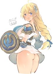 Rule 34 | 1girl, :d, ahoge, armor, artist name, ass, blonde hair, blue eyes, blue ribbon, blush, braid, breasts, commentary request, corset, cowboy shot, cropped legs, dated, elbow pads, fbc, hair between eyes, hair ornament, hair ribbon, head tilt, holding, holding shield, large breasts, long hair, looking at viewer, looking to the side, miniskirt, no panties, open mouth, ribbon, shield, shirt, shoulder armor, sideboob, simple background, single braid, skirt, smile, solo, sophitia alexandra, soul calibur, thighs, upskirt, very long hair, white background, white shirt