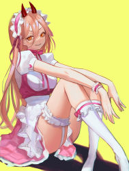 Rule 34 | 1girl, alternate costume, arms on knees, blonde hair, chainsaw man, cross-shaped pupils, crosshair pupils, demon girl, demon horns, dress, frilled dress, frilled hairband, frills, garter straps, hair between eyes, hairband, horns, kneehighs, knees up, long hair, looking at viewer, multicolored clothes, multicolored dress, oto1 030, pink dress, power (chainsaw man), puffy short sleeves, puffy sleeves, red horns, short sleeves, sitting, socks, solo, symbol-shaped pupils, white dress, yellow eyes