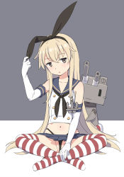 Rule 34 | 1girl, bad id, bad pixiv id, black panties, blonde hair, blue sailor collar, blue skirt, brown eyes, cnm, crop top, elbow gloves, gloves, hair between eyes, highleg, highleg panties, kantai collection, long hair, miniskirt, open mouth, panties, pleated skirt, rensouhou-chan, sailor collar, shimakaze (kancolle), simple background, sitting, skirt, solo, striped clothes, striped thighhighs, thighhighs, underwear, white gloves