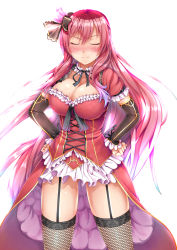 Rule 34 | 1girl, ayase tamaki, backlighting, blush, breasts, cattleya (flower knight girl), cleavage, closed eyes, cowboy shot, detached sleeves, dress, fishnet thighhighs, fishnets, flower knight girl, garter straps, gluteal fold, hair between eyes, hands on own hips, highres, large breasts, long hair, red dress, red hair, simple background, smile, solo, thighhighs, thighs, very long hair, white background