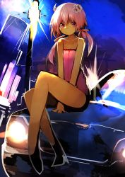 Rule 34 | 1girl, absurdres, car, dress, female focus, hair ornament, highres, kaamin (mariarose753), lamppost, looking at viewer, low twintails, motor vehicle, outdoors, pink dress, pink eyes, pink hair, sitting on car, solo, twintails, vocaloid, yuzuki yukari