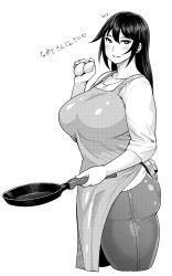 Rule 34 | 10s, 1girl, aged up, apron, bad id, bad pixiv id, breasts, cowboy shot, denim, egg, frying pan, greyscale, heart, highres, huge breasts, jeans, kantai collection, long hair, looking at viewer, mature female, monochrome, nagato (kancolle), pants, plump, simple background, smile, solo, synecdoche, thick thighs, thighs, translation request, white background