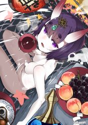 Rule 34 | 1girl, :d, alcohol, black hair, breasts, colored skin, commentary request, convenient censoring, cup, eyeliner, fang, fate/grand order, fate (series), food, from above, fruit, gourd, grapes, groin, hair ornament, highres, holding, horns, in water, lampion, leaf, looking at viewer, looking up, makeup, maple leaf, naitou ryuu, nude, onsen, open mouth, peach, petals, purple eyes, sakazuki, sake, short hair, shuten douji (fate), sitting, skin-covered horns, small breasts, smile, solo, stone, thick eyebrows, translation request, wariza, white skin
