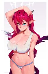 Rule 34 | 1girl, blue eyes, blush, breasts, covered erect nipples, crop top, crop top overhang, crystal wings, halo, heterochromia, hololive, hololive english, horns, irys (hololive), kollerss, large breasts, long hair, looking at viewer, multicolored hair, navel, panties, pointy ears, purple eyes, red hair, shiny skin, smile, solo, standing, star halo, tank top, underwear, underwear only, very long hair, virtual youtuber