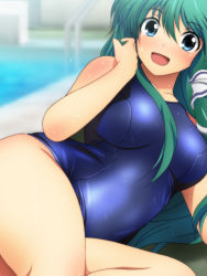 Rule 34 | 1girl, :d, alternate costume, bare legs, blue eyes, blue one-piece swimsuit, blurry, blurry background, blush, breasts, commentary, green hair, hair between eyes, hair ornament, hair tubes, hand in own hair, kochiya sanae, long hair, looking at viewer, lying, medium breasts, on side, one-piece swimsuit, open mouth, pool, poolside, school swimsuit, sidelocks, skin tight, smile, snake hair ornament, solo, swimsuit, thighs, touhou, wet, wet clothes, wet swimsuit, yadokari genpachirou