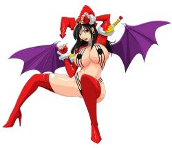Rule 34 | 1girl, arm up, bastard!!, bat wings, black hair, blue eyes, boots, breastless clothes, breasts, demon girl, devil-v, earrings, female focus, fingerless gloves, fingernails, garter belt, garter straps, gloves, hat, high heel boots, high heels, highleg, highleg panties, jester cap, jewelry, large breasts, legs, lipstick, long fingernails, long hair, looking at viewer, makeup, midriff, nail polish, panties, parted lips, porno dianno, red nails, red thighhighs, simple background, solo, thigh boots, thighhighs, thighs, underwear, white background, wings