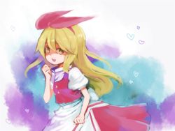 Rule 34 | 1girl, apron, back bow, blonde hair, bow, breasts, buttons, commentary request, ellen (touhou), hair bow, hairband, hko, long hair, open mouth, puffy short sleeves, puffy sleeves, red bow, red hairband, red skirt, red vest, shirt, short sleeves, skirt, small breasts, touhou, touhou (pc-98), turtleneck, vest, waist apron, white apron, white bow, white shirt, yellow eyes