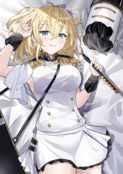Rule 34 | 1girl, absurdres, black wrist cuffs, blonde hair, blue eyes, blush, braid, breasts, commentary, dress, feet out of frame, french braid, g36 (girls&#039; frontline), g36 (watcher of the light) (girls&#039; frontline), girls&#039; frontline, hat, highres, holding, holding instrument, instrument, looking at viewer, lying, marching band, medium breasts, medium hair, official alternate costume, on back, one smoke, open mouth, simple background, skirt, smile, solo, unworn hat, unworn headwear, white dress, white hat, white skirt, white uniform, wrist cuffs