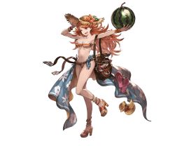 Rule 34 | 10s, 1girl, anklet, bag, bare shoulders, belt, bikini, bomb, bracelet, breasts, cleavage, explosive, flower, full body, glasses, granblue fantasy, hat, high heels, holding, jewelry, long hair, looking at viewer, mary (granblue fantasy), medium breasts, minaba hideo, official art, one eye closed, open mouth, orange eyes, orange hair, platform clogs, sandals, shoes, solo, striped bikini, striped clothes, sun hat, swimsuit, toeless footwear, toes, transparent background