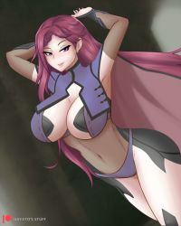 Rule 34 | 1girl, alternate costume, arms up, bodystocking, breasts, cape, cleavage, collar, cosplay, covered navel, dark background, dark mage (fire emblem fates), fire emblem, fire emblem heroes, gloves, hayato stuff, highres, large breasts, loki (fire emblem), long hair, looking at viewer, nintendo, open mouth, panties, purple eyes, purple hair, smile, solo, thighhighs, underwear