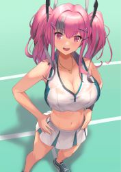 Rule 34 | 1girl, azur lane, breasts, bremerton (azur lane), bremerton (scorching-hot training) (azur lane), cleavage, crop top, crop top overhang, from above, grey hair, hair ornament, heart, heart necklace, large breasts, mokyumokyuchan, multicolored hair, necklace, open mouth, pink hair, red eyes, shirt, sleeveless, sleeveless shirt, sportswear, streaked hair, tennis court, tennis uniform, two-tone shirt, two-tone skirt, x hair ornament