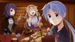 Rule 34 | 3girls, :d, ^ ^, blonde hair, blue eyes, blue hair, blush, braid, bread, cherry, closed eyes, closed mouth, cocktail glass, cup, drinking glass, elbow gloves, eyebrows, closed eyes, fault, food, fork, french fries, fruit, game cg, gloves, gratin, grey gloves, grey theme, hair flaps, hairband, hamburger steak, highres, holding, holding fork, holding knife, ice cream, index finger raised, knife, konatsu hare, lettuce, long hair, looking at another, low twintails, menu, motion lines, multiple girls, neck ribbon, official art, open mouth, parfait, partially fingerless gloves, pink eyes, pizza, plate, purple hair, red ribbon, ribbon, ritona reighnvhasta, rune (fault), sandwich, sausage, selphine rughzenhaide, shrimp, sitting, smile, sweatdrop, table, twintails, very long hair, whipped cream, white gloves, wine glass, wooden wall
