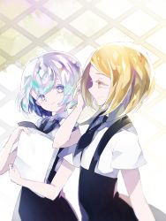 Rule 34 | 2others, adjusting hair, androgynous, blonde hair, captain yue, colored eyelashes, diamond (houseki no kuni), dress, hair between eyes, highres, houseki no kuni, looking at another, matching hair/eyes, multicolored eyes, multicolored hair, multiple others, necktie, other focus, paper, short eyebrows, smile, yellow diamond (houseki no kuni), yellow eyes