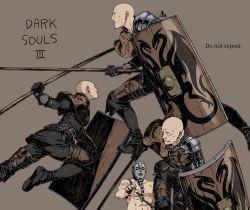 Rule 34 | 2boys, armor, ashen one (dark souls 3), ass, bald, belt, black footwear, black gloves, black pants, boots, brown background, chain, collarbone, copyright name, dark souls (series), dark souls iii, gloves, helm, helmet, highres, holding, holding polearm, holding shield, holding weapon, kamezaemon, knee boots, long sleeves, looking back, multiple boys, pants, patches (from software), polearm, shield, simple background, smile, spear, topless male, weapon