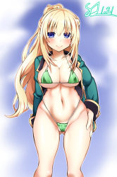 Rule 34 | 1girl, blonde hair, blue eyes, blush, breasts, cameltoe, cleavage, highres, iwashi dorobou -r-, jacket, large breasts, long hair, looking at viewer, navel, neptune (series), open clothes, open jacket, ponytail, smile, solo, swimsuit, vert (neptunia)