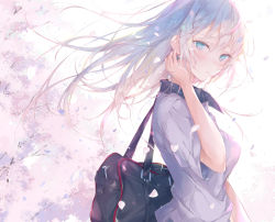 Rule 34 | 1girl, bag, blue eyes, blush, carrying, cherry blossoms, closed mouth, commentary, cross, cross earrings, day, earrings, from side, girls und panzer, hand in own hair, iron cross, itsumi erika, jewelry, kuromorimine school uniform, light blush, looking at viewer, medium hair, outdoors, pulp piroshi, school bag, school uniform, silver hair, solo, spring (season), standing, tree, wind
