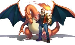Rule 34 | 1990s (style), 1boy, aged up, bad id, bad twitter id, baseball cap, beard, black footwear, black shirt, blue eyes, blue pants, bracelet, charizard, claws, collarbone, creatures (company), denim, facial hair, fangs, fiery tail, flame-tipped tail, full body, game freak, gen 1 pokemon, hand in pocket, hat, highres, holding, holding poke ball, jacket, jeans, jewelry, muscular, nintendo, old, old man, open clothes, open jacket, pants, poke ball, pokemon, pokemon (creature), pokemon gsc, pokemon rgby, red (pokemon), red hat, red jacket, retro artstyle, shirt, shoes, short sleeves, silver hair, simple background, standing, t-shirt, tail, teeth, white background, yapo (croquis side)