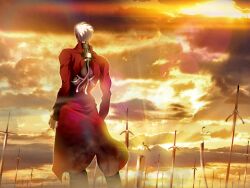 Rule 34 | 1boy, archer (fate), black pants, cloud, cloudy sky, coat, fate/stay night, fate (series), from behind, highres, long sleeves, male focus, pants, planted, planted sword, planted weapon, red coat, short hair, sky, skyt2, solo, standing, sword, weapon, white hair