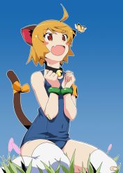 Rule 34 | 1girl, ahoge, animal ears, bad id, bad pixiv id, bandaid, bandaid on knee, bandaid on leg, bell, blue background, blush, blush stickers, bow, bracelet, bug, butterfly, cat ears, cat tail, character request, collar, fang, highres, insect, jewelry, jingle bell, kiyukiyutan, matching hair/eyes, neck bell, one-piece swimsuit, orange eyes, orange hair, plant, school swimsuit, sitting, solo, swimsuit, tail, tail bow, tail ornament, thighhighs