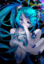 Rule 34 | 1girl, absurdres, black background, blue eyes, blue hair, blue nails, breasts, character name, floating hair, foreshortening, goma irasuto, half-closed eyes, hatsune miku, highres, long hair, nail polish, naked vest, open hand, reaching, reaching towards viewer, solo, underboob, very long hair, vest, vocaloid
