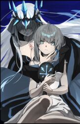 Rule 34 | 2girls, absurdres, ahoge, bare shoulders, black dress, blue background, blue eyes, blue lips, blue nails, breasts, chest tattoo, cleavage, commentary request, covered eyes, crown, dress, evil grin, evil smile, fate/apocrypha, fate (series), fingernails, floating hair, gray (fate), grey hair, grin, hair between eyes, hand mirror, hand on another&#039;s face, highres, holding, holding mirror, large breasts, lips, lipstick, long hair, lord el-melloi ii case files, makeup, medium breasts, mirror, morgan le fay (fate), multiple girls, short hair, sitting, sleeveless, sleeveless dress, smile, sweat, tattoo, tearing up, tokoni fusu, veil, white dress, white hair, wide sleeves