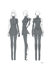Rule 34 | 1girl, blame!, blunt bangs, character sheet, cibo, cyberpunk, cyborg, dress, from behind, from side, greyscale, highres, joints, long hair, long legs, mechanical arms, mechanical legs, miniskirt, monochrome, nihei tsutomu, pale skin, robot joints, short dress, sketch, skirt, tall, tall female, white hair