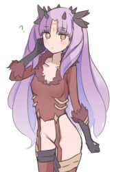Rule 34 | 1girl, ?, black gloves, blue hair, breasts, commentary, facial mark, fate/grand order, fate (series), forehead mark, fur trim, garter straps, gloves, hair ribbon, highres, horns, ishtar (fate), jacket, kopaka (karda nui), long hair, looking at viewer, medium breasts, multicolored hair, parted bangs, pink hair, red jacket, red thighhighs, ribbon, solo, space ishtar (fate), space ishtar (third ascension) (fate), symbol-shaped pupils, thighhighs, two-tone hair, two side up, yellow eyes