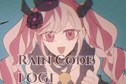 Rule 34 | 1girl, asasuy, copyright name, crown, demon horns, hair ornament, horns, long hair, looking at viewer, master detective archives: rain code, open mouth, pink eyes, pink hair, shinigami, shinigami (rain code), smile, solo, twintails