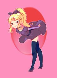 Rule 34 | 1girl, black thighhighs, blonde hair, bow, breasts, choker, collarbone, commission, detached sleeves, drantyno, dress, hair bow, highres, leaning forward, long hair, long sleeves, looking at viewer, mary janes, pink background, ponytail, puffy sleeves, purple bow, purple dress, purple footwear, red eyes, shoes, short sleeves, small breasts, smile, standing, thighhighs, vampire