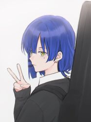 Rule 34 | 1girl, black cardigan, blue hair, blunt bangs, bocchi the rock!, cardigan, collared shirt, expressionless, green eyes, guitar case, hair ornament, hairclip, highres, instrument case, looking at viewer, mikazuchi zeus, mole, mole under eye, shirt, short hair, solo, v, white background, white shirt, yamada ryo