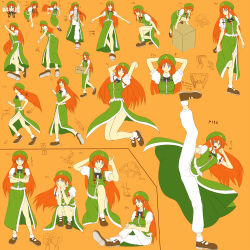 Rule 34 | 1girl, blue eyes, braid, character sheet, china dress, chinese clothes, dress, embodiment of scarlet devil, female focus, from above, from behind, from below, full body, hat, highres, hong meiling, kicking, long hair, orange background, orange hair, qontamblue, red hair, simple background, standing, touhou, twin braids