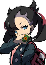 Rule 34 | 1girl, absurdres, asymmetrical bangs, backpack, bag, black hair, black jacket, black nails, blue eyes, covered mouth, creatures (company), dusk ball, earrings, fingernails, game freak, highres, holding, holding poke ball, jacket, jewelry, long sleeves, looking at viewer, marnie (pokemon), medium hair, nail polish, nintendo, open clothes, open jacket, pakotaroh, poke ball, pokemon, pokemon swsh, simple background, solo, twintails, upper body, white background