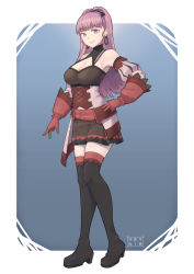 Rule 34 | 1girl, artist name, axe, black footwear, blunt bangs, boots, breasts, brown dress, cleavage, corset, detached sleeves, dress, earrings, female focus, fire emblem, fire emblem: three houses, full body, gloves, hand on own hip, heynim, highres, hilda valentine goneril, hoop earrings, jewelry, large breasts, long hair, looking at viewer, matching hair/eyes, medium breasts, nintendo, pink eyes, pink hair, ponytail, red gloves, short dress, simple background, skirt, smile, solo, thigh boots, thighhighs, thighs, waist cape, zettai ryouiki