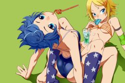 Rule 34 | 2girls, ass, barefoot, bikini, blonde hair, blue eyes, blue hair, blush, competition swimsuit, drinking straw, eating, elbow pads, enko momoda, food, glass, hair ornament, kamishiro sui, kneehighs, leaning back, looking at viewer, looking back, mouth hold, multiple girls, nonohara hime, one-piece swimsuit, popsicle, short hair, sitting, smile, socks, star (symbol), star print, starry sky print, straddling, striped bikini, striped clothes, swimsuit, tokyo 7th sisters, wariza, water, yuri