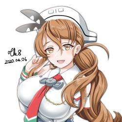 Rule 34 | 1girl, breast hold, breasts, brown eyes, brown hair, commentary request, detached sleeves, headdress, headgear, highres, kantai collection, large breasts, lips, littorio (kancolle), long hair, looking at viewer, multicolored neckwear, necktie, open mouth, ponytail, shirt, simple background, sleeveless, sleeveless shirt, smile, solo, tk8d32, upper body, wavy hair, white background