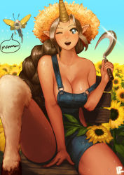 Rule 34 | 1girl, bare shoulders, braid, breasts, brown hair, cleavage, farmer, flower, glint, hat, highres, hooves, horns, instant ip, kog&#039;maw, large breasts, league of legends, long hair, monster girl, naked overalls, one eye closed, open mouth, overalls, pointy ears, revision, sickle, single horn, smile, soraka (league of legends), strap slip, straw hat, sunflower, sweat, thighs, very long hair, wink