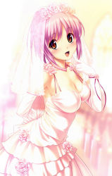 Rule 34 | 10s, 1girl, bare shoulders, blurry, blush, breasts, bridal veil, bride, church, cleavage, depth of field, dress, elbow gloves, covered erect nipples, female focus, finger to face, flower, gloves, highres, hinata hanabi, jewelry, koutaro, necklace, open mouth, pew, pink hair, red eyes, scan, short hair, smile, solo, tropical kiss, veil, wedding dress, white dress, white gloves