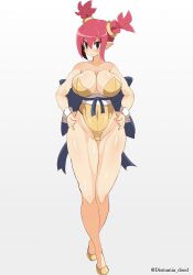 Rule 34 | 1girl, bare shoulders, blush, bow, breasts, cleavage, disgaea, dismania (xenoman), fight mistress (disgaea), full body, highres, huge breasts, large bow, leotard, pointy ears, red hair, smile, solo, strapless